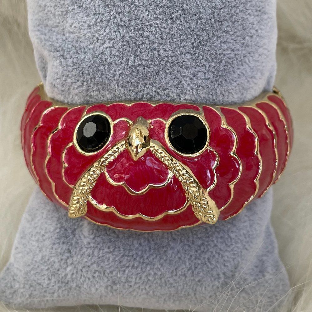 Chunky Enamel Owl Bracelet - Dark Pink on Gold with Hinge #529